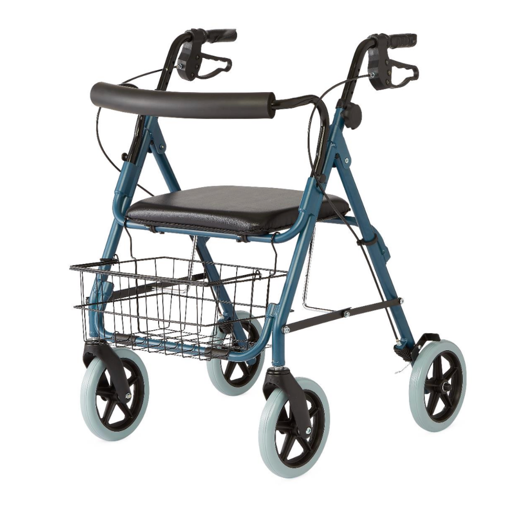 The Medline Deluxe Rollator with 8 wheels features black handlebars, a padded seat, and a metal basket under the seat—this lightweight mobility aid offers reliable support.
